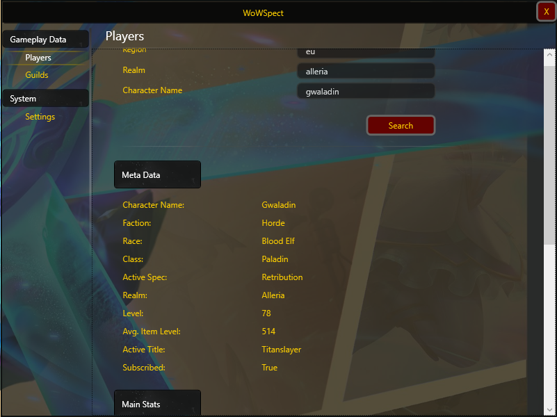 Screenshot showcasing how the WoWSpect application looks like.